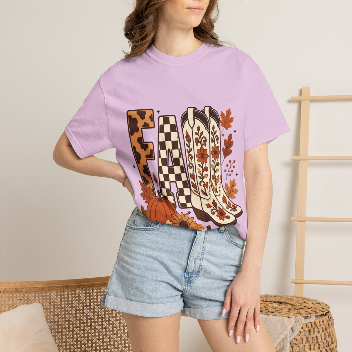 Fall Cowboy Boots T-Shirt — Pumpkin, Leaves & Floral Autumn Graphic Tee