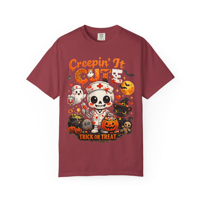 Creepin' It Cute Halloween T-Shirt — Trick or Treat Skeleton & Black Cat Tee