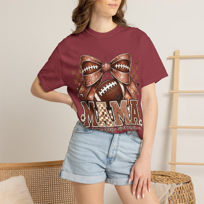 Mama Football Mom T-Shirt — "Mama" Glitter Bow Game Day Tee