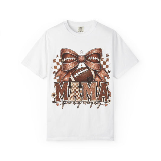Mama Football Mom T-Shirt — "Mama" Glitter Bow Game Day Tee